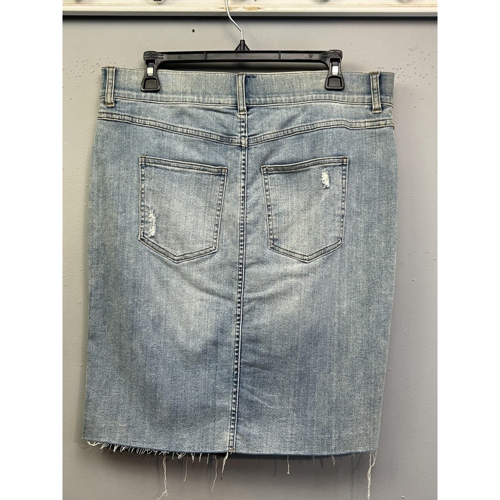 Spanx Skirt Womens‎ XL Blue Denim Pencil Knee Length Frayed Slit Lined - Picture 2 of 10